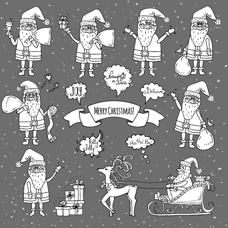 Hand drawn doodle set of Santa Claus icon. Vector illustration. Cartoon red hat Happy new year Santa Claus symbol Sketchy funny Merry Christmas element Traditional december holiday present decoration.のイラスト素材