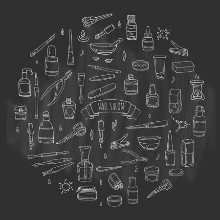Hand drawn doodle Nail salon icons set. Vector illustration. Manicure accessories collection. Cartoon various sketch pedicure tools elements: polish, bottle, brush, varnish, scissors, lotion, creamのイラスト素材