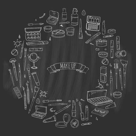 Hand drawn doodle Make up icons set. Vector illustration. Beauty symbols collection. Cartoon face care concept element: powder, mascara, pencil, eye liner, foundation, cream, lipstick, blush, cosmeticのイラスト素材