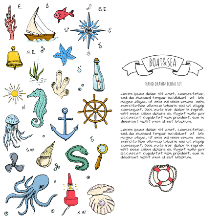 Hand drawn doodle Boat and Sea icons set. Vector illustration. Sea life concept elements. Ship symbols collection Marine life Nautical design Underwater life Sea animals Sea map Spyglass Magnifierのイラスト素材