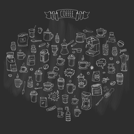 Hand drawn doodle Coffee time icon set Vector illustration isolated drink symbols collection Cartoon various beverage element: mug, cup, espresso, americano, irish, decaf, mocha, coffee making machineのイラスト素材