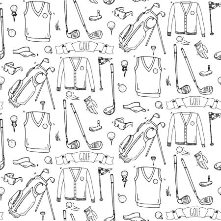 Seamless pattern Hand drawn doodle Golf icons set. Vector illustration. Game collection. Cartoon golfing sketch elements: clubs, tee, bag, cart, sport cloth, polo shirt, umbrella, flag, hole, grass.のイラスト素材