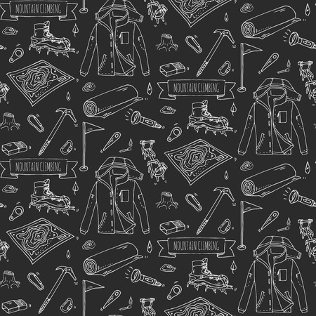 Seamless pattern hand drawn doodle Mountain Climbing icons set.のイラスト素材