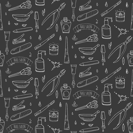 Seamless pattern with hand drawn doodle Nail salon icons set.のイラスト素材