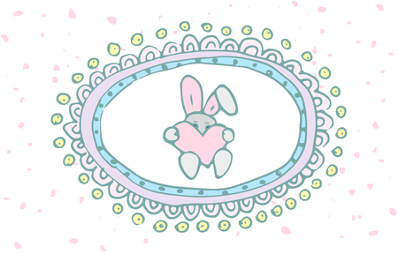 Hand drawn doodle Easter egg icon with funny decoration frame, vector illustration Spring bunny symbols collection Cartoon decoration element: egg, rabbit, basket, bunny  hunt, hearts, boardersのイラスト素材