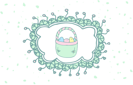 Hand drawn doodle Easter egg icon with funny decoration frame, vector illustration Spring bunny symbols collection Cartoon decoration element: egg, rabbit, basket, bunny  hunt, hearts, boardersのイラスト素材