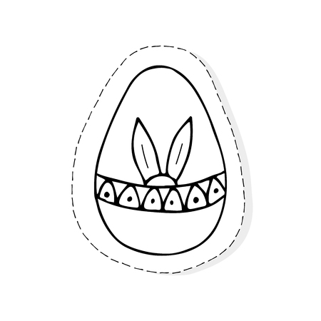 Hand drawn doodle Easter related icon sticker - egg decorated with bunny ears. Vector illustration isolated patch Cartoon spring holiday concept. Decorated colorful egg, borders, girly sketch styleのイラスト素材