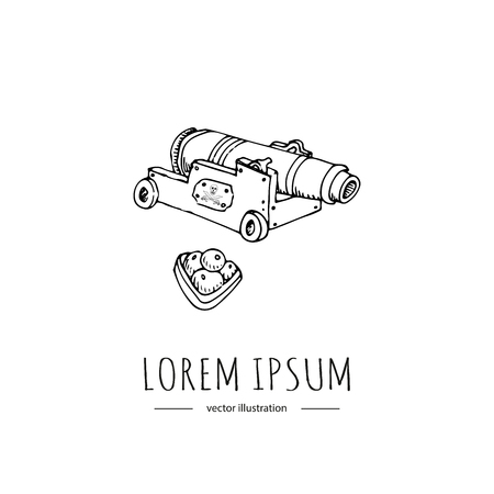 Hand drawn doodle Pirates related icon - Ancient cannon with skull and crossbones. Vector illustration Cartoon piracy concept. Military symbol, retro weapon, old cannonball, defense toolのイラスト素材
