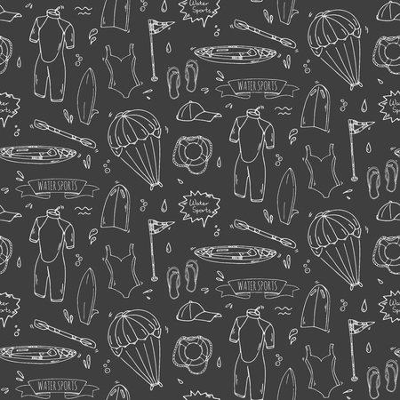Seamless pattern hand drawn doodle Water sports icon set. Vector illustration Symbols collection Cartoon various elements: jetski, wakeboard, waterski, surfing, kayak, kitesurfing, paddle, parasailingのイラスト素材