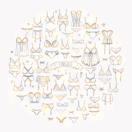 Hand drawn doodle Lingerie icon set. Fashion feminine vector illustration. Sexy lacy woman underwear symbol collection. Cartoon various sketch elements: bra, panties, corset, brassiere, string, bikiniのイラスト素材