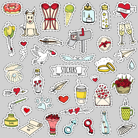 Fashion patch badges. Vector illustration Hand drawn isolated on light background. Set of stickers, pins, patches in cartoon 80s-90s pop-art comic style design Lingerie Flowers Bottle Sparkling Arrowのイラスト素材