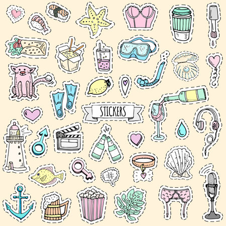 Fashion patch badges. Vector illustration Hand drawn isolated on light background. Set of stickers, pins, patches in cartoon 80s-90s pop-art comic style design Wine Beer Microphone Lingerie Sushi Loveのイラスト素材