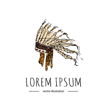 Hand drawn doodle War bonnet - traditional Indians feathered headdress isolated on white background. Vector illustration. Indians symbol. Cartoon ceremony element: headgear, male, tradition, tribeのイラスト素材