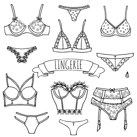 Hand drawn doodle Lingerie icons setのイラスト素材