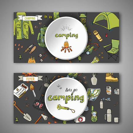 Card templates of hand drawn set with camping equipment symbols, icons, hiking, mountain climbing and camp doodle elements, vector illustration, warm clothes, shoes, gear, map, tent, fire placeのイラスト素材