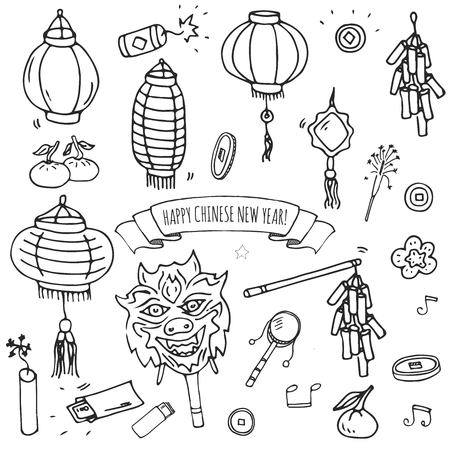 Hand drawn doodle Happy Chinese New Year icons set vector illustration. Asian lunar festival collection. Cartoon sketch celebration elements firecracker, golden coin, money envelope, dragon, lantern.のイラスト素材