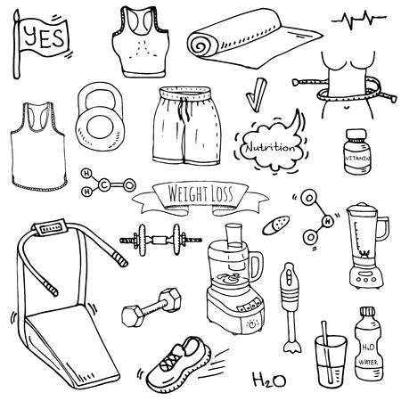 Hand drawn doodle weight loss icons set vector illustration. Dieting symbols collection cartoon sketch elements diet sport equipment. Healthy food eating nutrition protein carbs fats chemical formula.のイラスト素材