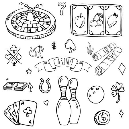 Hand drawn doodle set of casino icons vector illustration set. Cartoon gambling symbols. Sketchy game elements collection bet, jackpot, cards, chips, coins, darts, roulette, poker, money, slot.のイラスト素材