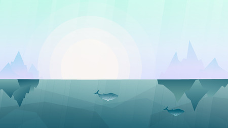 Vector illustration of beautiful marine landscape with sea mammal nautical animal - two wild whales silhouette in Green palette. Violet smoggy sunrise. Iceberg underwater view. Blower, orcaのイラスト素材