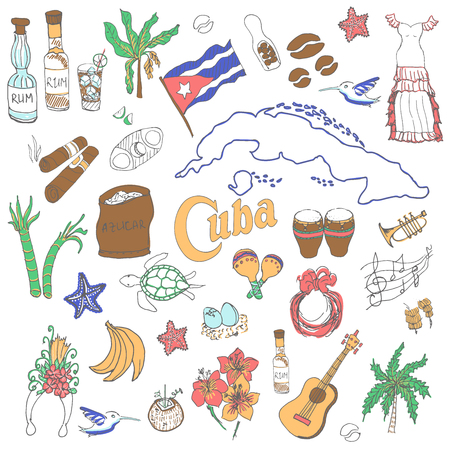 Set of hand drawn Cuba icons, Cuban sketch illustration, doodle elements, Isolated national elements made in vector. Travel to Cuba concept for cards and web pages Caribbean cartoon objects collectionのイラスト素材