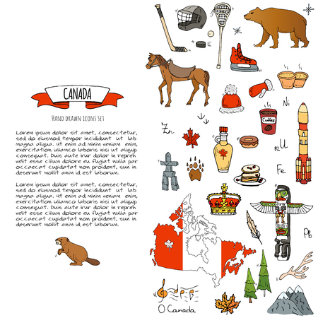 Hand drawn doodle Canada icons set Vector illustration isolated symbols collection of canadian symbols Cartoon elements: bear, map, flag, maple, beaver, deer, goose, totem pole, horse, hockey, poutineのイラスト素材
