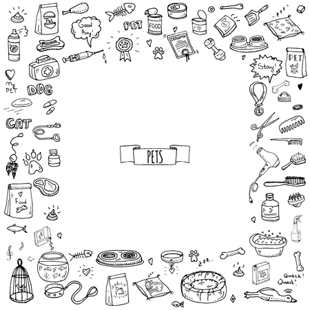 Hand drawn doodle Pets stuff and supply icons set. Vector illustration. Vet symbol collection. Cartoon dogs and cats care elements: collar, leash, food, paw, bowl, bone and other goods for pet shopのイラスト素材