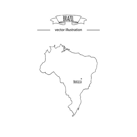Hand drawn doodle Brazil map icon Vector illustration isolated on white background Brazilia outer borders symbol Cartoon ribbon band element icon. Brasilia symbol,のイラスト素材