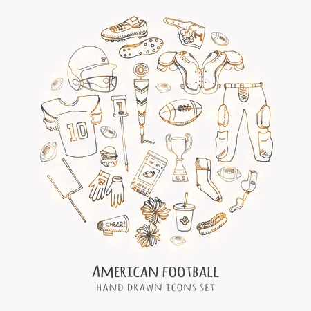 Hand drawn doodle american football set Vector illustration Sketchy sport related icons football elements, ball helmet jersey pants knee thigh shoulder pads cleats field cheerleading down indicatorのイラスト素材