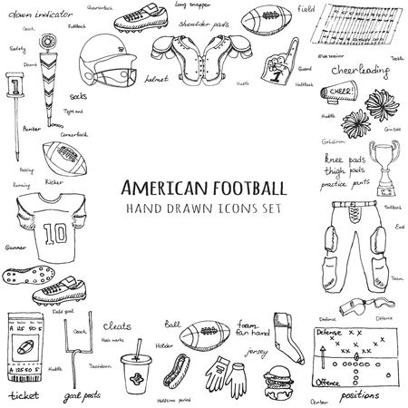 Hand drawn doodle american football set Vector illustration Sketchy sport related icons football elements, ball helmet jersey pants knee thigh shoulder pads cleats field cheerleading down indicatorのイラスト素材