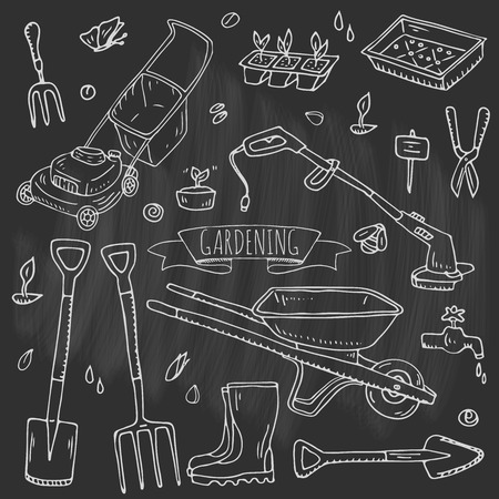 Hand drawn doodle set of Gardening icons. Vector illustration set. Cartoon Garden symbols. Sketchy elements collection: lawnmower, trimmer, spade, fork, rake, hoe, trug, wheelbarrow, hose reel.のイラスト素材