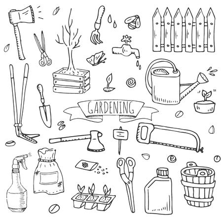 Hand drawn doodle set of Gardening icons. Vector illustration set. Cartoon Garden symbols. Sketchy elements collection: lawnmower, trimmer, spade, fork, rake, hoe, trug, wheelbarrow, hose reel.のイラスト素材