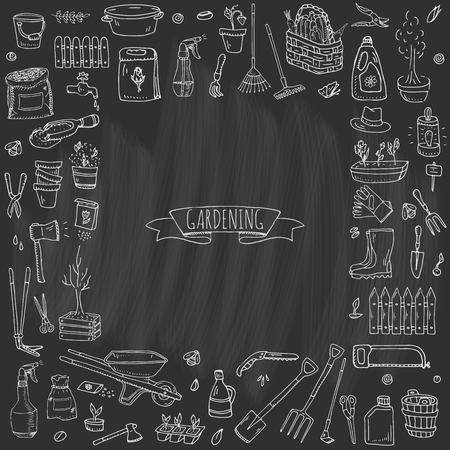 Hand drawn doodle set of Gardening icons. Vector illustration set. Cartoon Garden symbols. Sketchy elements collection: lawnmower, trimmer, spade, fork, rake, hoe, trug, wheelbarrow, hose reel.のイラスト素材