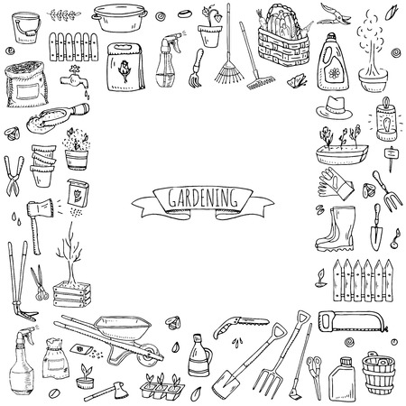 Hand drawn doodle set of Gardening icons. Vector illustration set. Cartoon Garden symbols. Sketchy elements collection: lawnmower, trimmer, spade, fork, rake, hoe, trug, wheelbarrow, hose reel.のイラスト素材