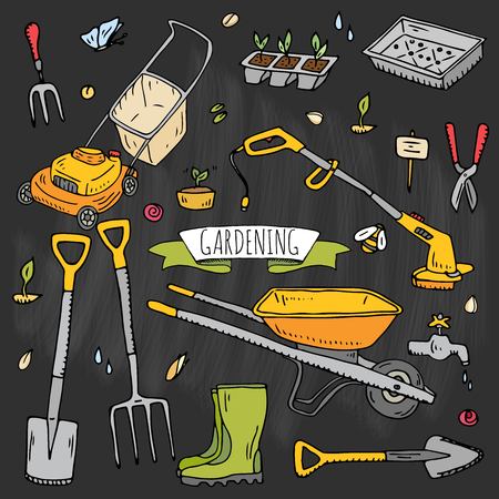 Hand drawn doodle set of Gardening icons. Vector illustration set. Cartoon Garden symbols. Sketchy elements collection: lawnmower, trimmer, spade, fork, rake, hoe, trug, wheelbarrow, hose reel.のイラスト素材