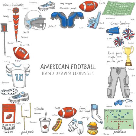 Hand drawn doodle american football set Vector illustration Sketchy sport related icons football elements, ball helmet jersey pants knee thigh shoulder pads cleats field cheerleading down indicatorのイラスト素材
