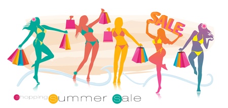 Summer shopping sale girl silhouettesのイラスト素材