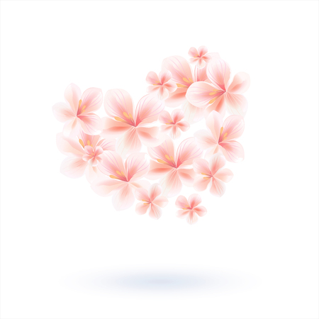 Heart with 3d effect. Sakura blossoms flower heart. Cherry flowers heart, isolated on white with shadow. Vector illustration.のイラスト素材