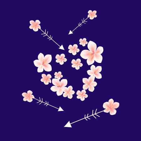 Flower Heart with arrows on dark Blue background. Sakura blossoms.のイラスト素材