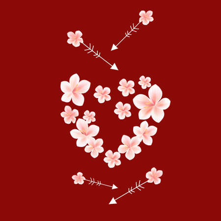 Flower Heart with arrows on dark red background. Sakura blossoms flowers heart. Vectorのイラスト素材