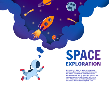 Notebook cover template with space paper cut style doodles. Astronaut exploring space. Paper cut style. Planets, rockets, comets in the sky. Notebook concept concept. Vector editable notebook coverのイラスト素材