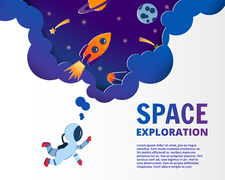 Astronaut dreaming about space. Paper cut style of vector illustration. Planets, rockets, comets in the sky, start up business concept and exploration idea, vector art and illustration.のイラスト素材