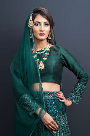 Indian woman in a national traditional dress of green. Studio portrait on a dark background isolated. High quality photo.の写真素材
