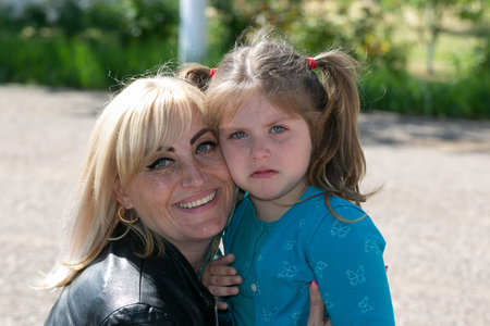 Family portrait of mother and little daughter who is crying. High quality photo
