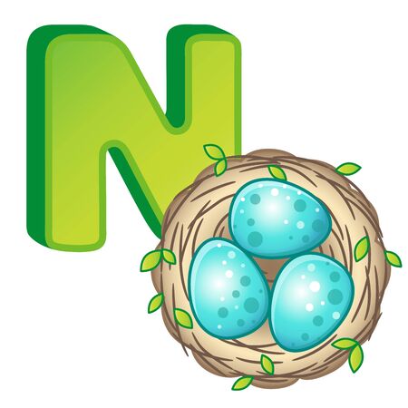English alphabet. Poster for kindergarten and preschool. Cards for learning English. Letter N. Nestのイラスト素材