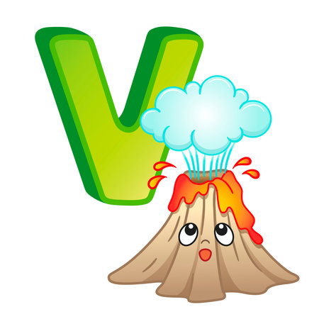 English alphabet. Poster for kindergarten and preschool. Cards for learning English. Letter V. Volcano