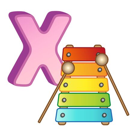Vector bright alphabet with letters. Poster for kindergarten and preschool. Cards for learning English. Letter X. Xylophoneのイラスト素材