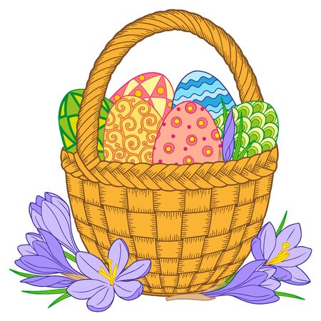 Bright easter eggs and flowers in basket on white backgroundのイラスト素材
