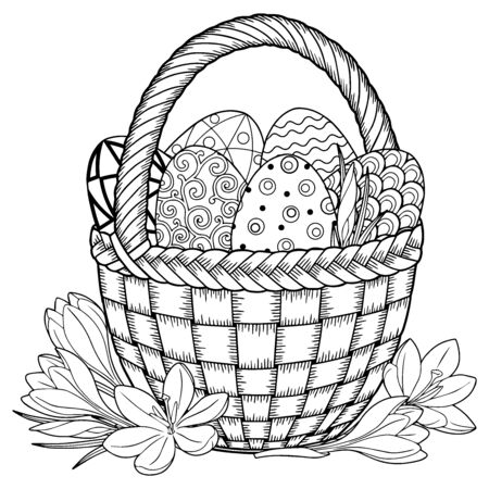Happy Easter. Black and White Doodle Easter Eggs in the basket. Coloring book for adults for relax and meditation. Vector isolated elementsのイラスト素材