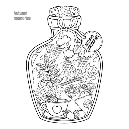 Vector Coloring book for adults. A glass vessel with memories of autumn and love. A bottle with rain, autumn leaves, a cup of coffee or tea, an envelope with flowers and sad moodのイラスト素材