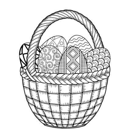 Happy Easter. Black and White Doodle Easter Eggs in the basket. Coloring book for adults for relax and meditation. Vector isolated elementsのイラスト素材